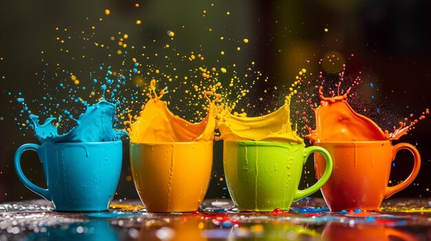 Colorful paint splashing out of cups