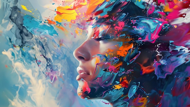 Colorful Paint Splatter Illustration of a Womans Face