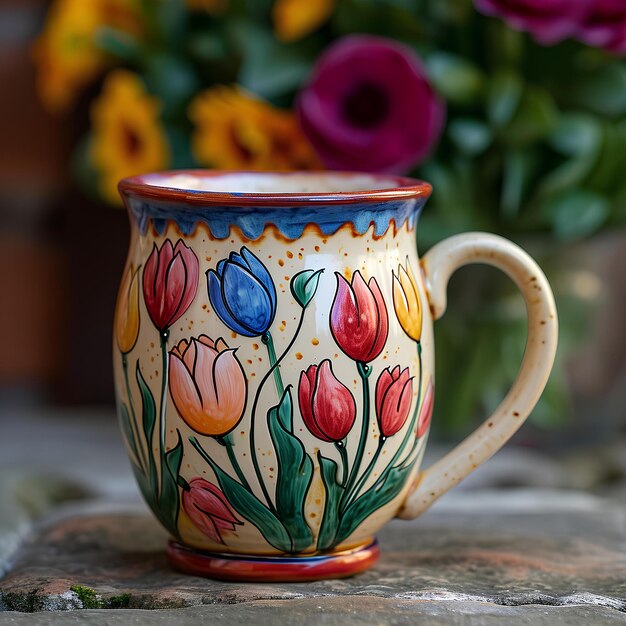 A colorful painted coffee mug featuring tulips