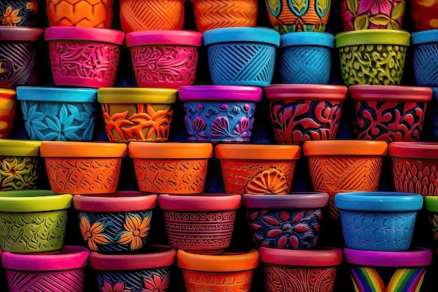 Colorful painted and decorated pots