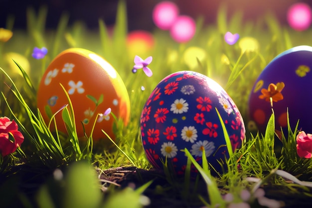 Colorful Painted Easter Eggs Background on Green Grass Generative AI