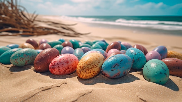 Colorful painted easter eggs on beach Generative AI