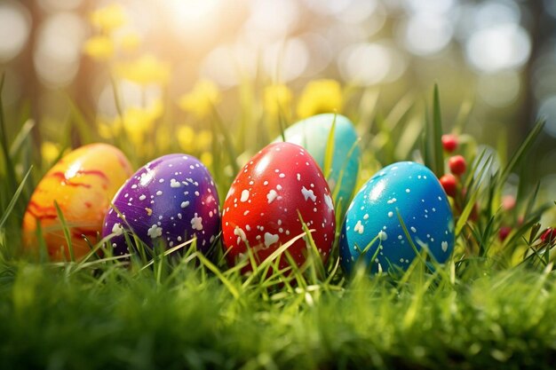 Colorful painted easter eggs on green grass on blurred with bokeh realistic