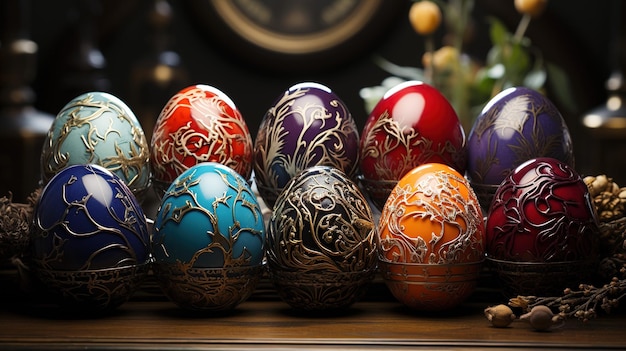 伝統的な複雑なパターンを持つカラフルな塗装イースターエッグ木製テーブル装飾用の卵で飾られました