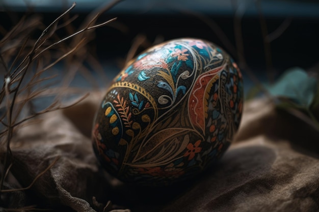 Colorful painted egg resting on a wooden table created with generative ai technology