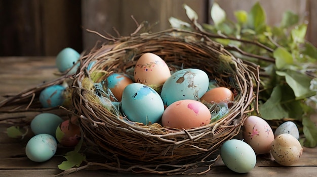 Colorful painted happy easter eggs nestled in birds nest basket resting on wooden table