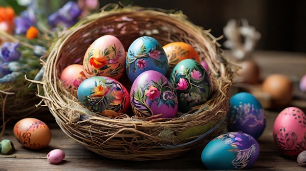 Colorful painted happy easter eggs nestled in birds nest basket resting on wooden table