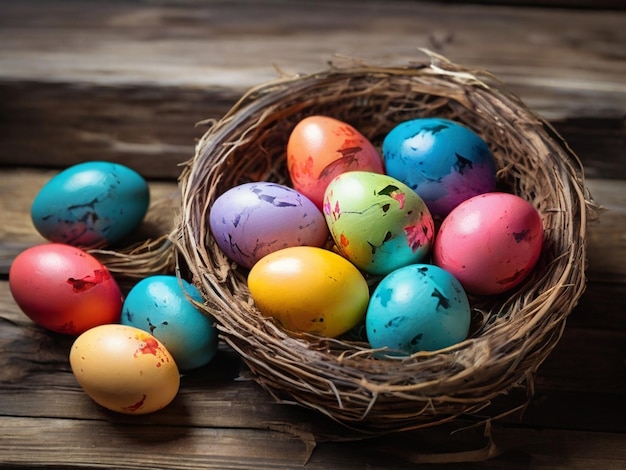 Красочно раскрашенные счастливые пасхальные яйца, расположенные в корзине с птичьим гнездом и лежащие на деревянном столе