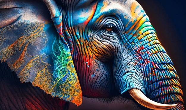 Foto un colorato ritratto dipinto del volto di un elefante con tonalità vivaci che mostrano la maestosa bellezza e il fascino di questo magnifico animale