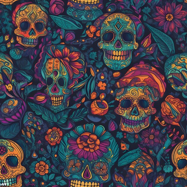 Colorful painted skulls with orange flowers as abstract background wallpaper banner texture design with pattern vector Dark colors