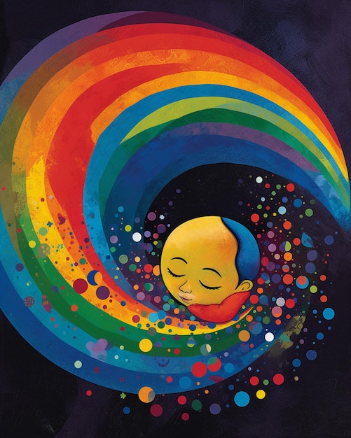 A colorful painting of a baby sleeping in a circle of colors.