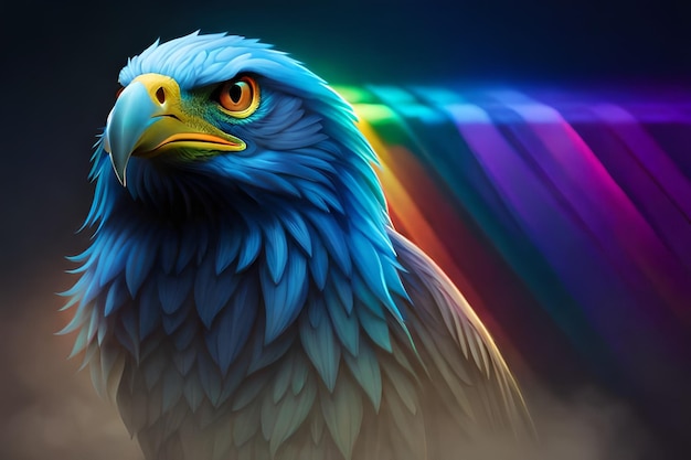 A colorful painting of a bald eagle with a rainbow in the background.