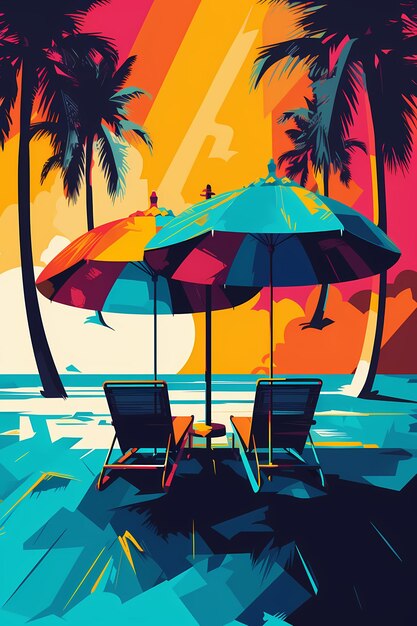 A colorful painting of a beach chair with an umbrella in the background Generative AI