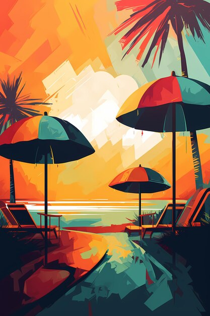 배경에 우산이 있는 해변 의자 의 다채로운 그림 Generative AI