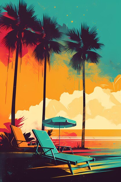 A colorful painting of a beach chair with an umbrella in the background Generative AI