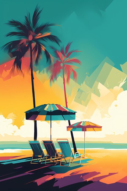 A colorful painting of a beach chair with an umbrella in the background Generative AI