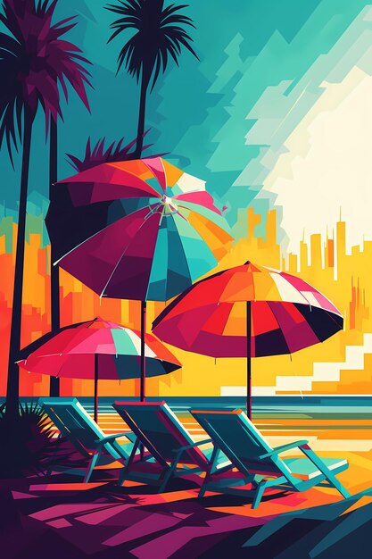 A colorful painting of a beach chair with an umbrella in the background Generative AI