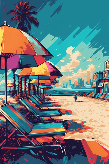 A colorful painting of a beach chair with an umbrella in the background