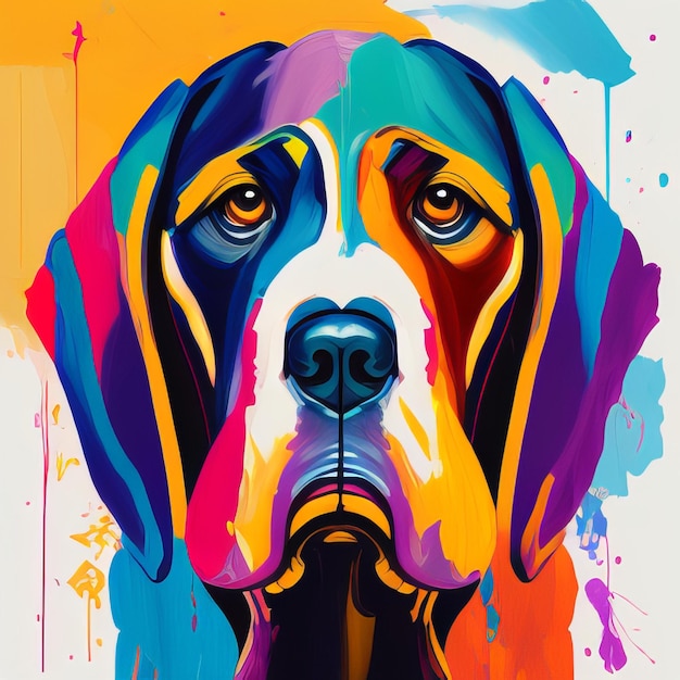 A colorful painting of a beagle dog with a black nose and a black nose