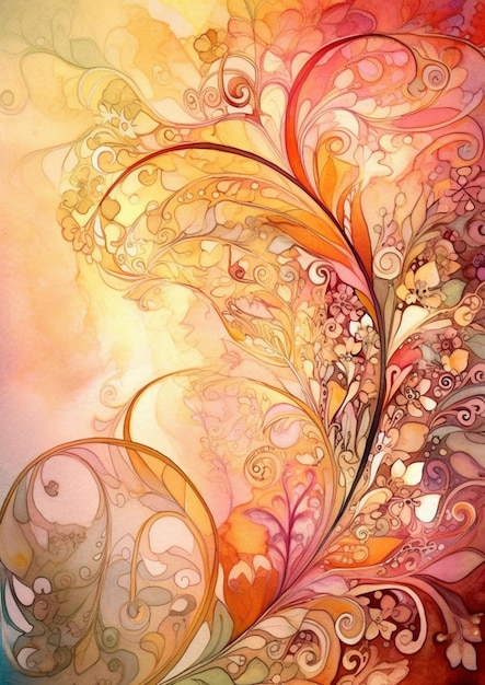 A colorful painting of a beautiful design with a gold background and a swirl of colors.