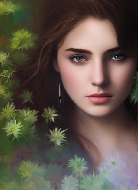 Colorful painting of a beautiful woman's face, Portrait of a beautiful woman with flowers.