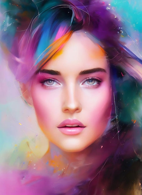 아름다운 여성의 얼굴을 그린 다채로운 그림, 아름다운 여성의 초상화.