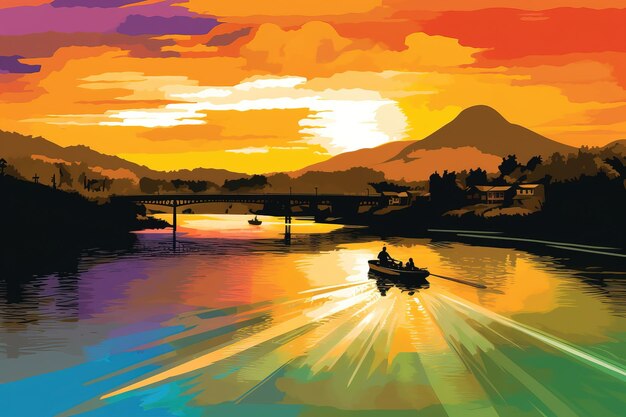 A colorful painting of a boat on a river with mountains in the background