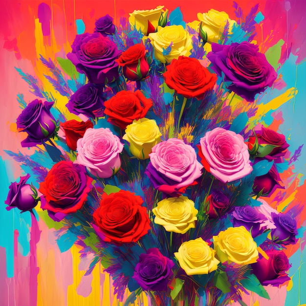 A colorful painting of a bouquet of roses is titled " love ".
