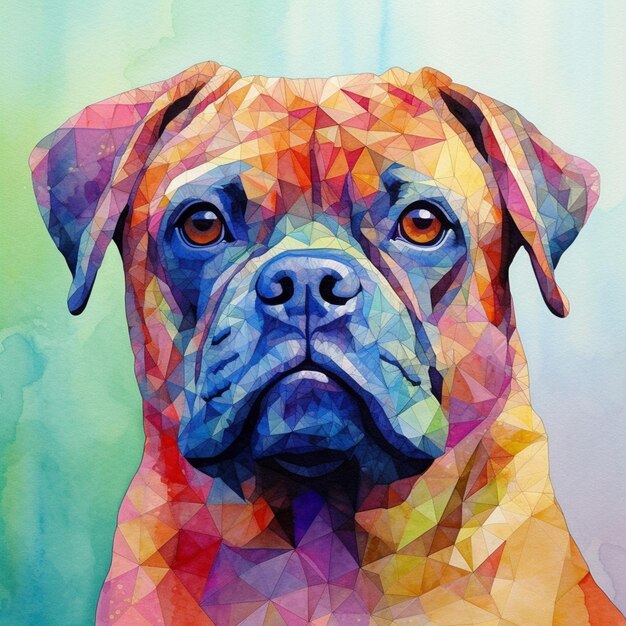 A colorful painting of a boxer dog with a blue face.