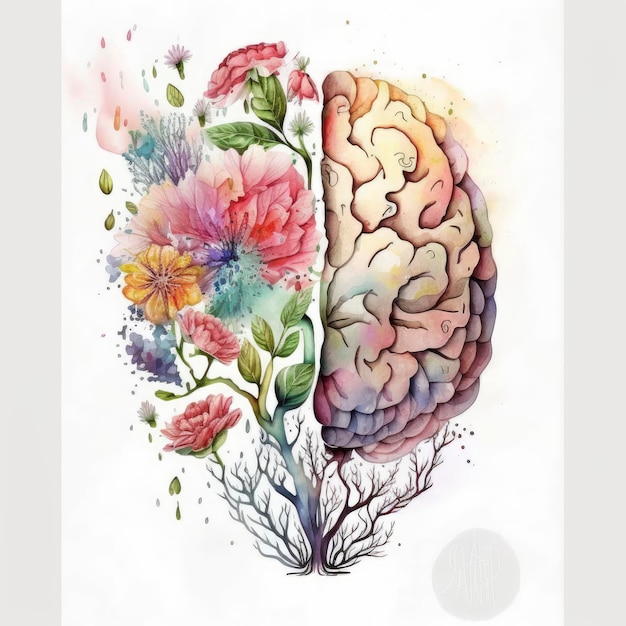 A colorful painting of a brain with flowers on it