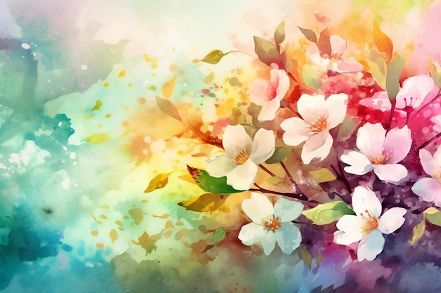 A colorful painting of a branch of a cherry blossom