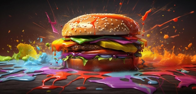 A colorful painting of a burger