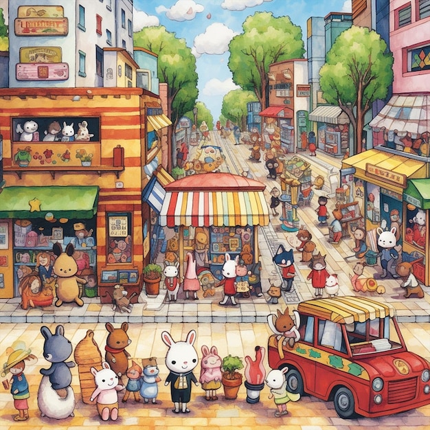 前面に漫画のキャラクターが描かれた、にぎやかな通りを描いたカラフルな絵。