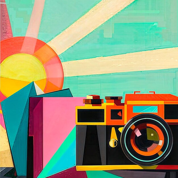 a colorful painting of a camera with a lense and a picture of a lens