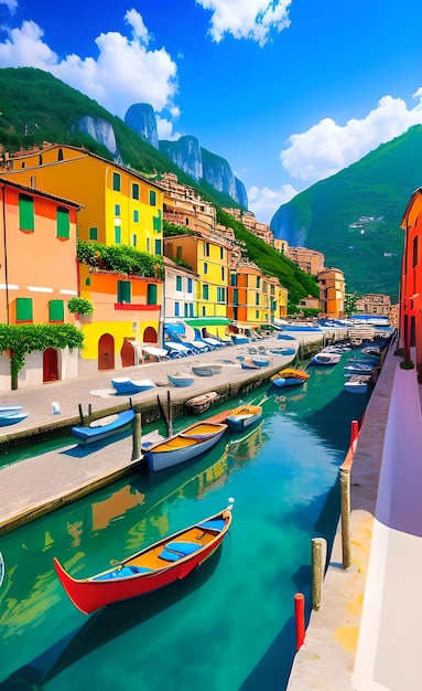 Colorful painting of a canal in italy