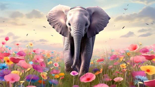 A colorful painting capturing the beauty of an elephant in a vibrant field of flowers