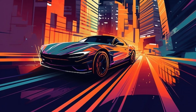 A colorful painting of a car with the word ferrari on the front.