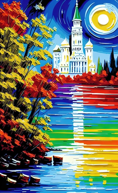 A colorful painting of a castle by person