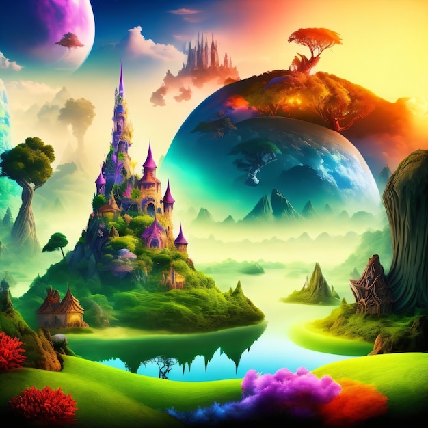 A colorful painting of a castle with a planet on it