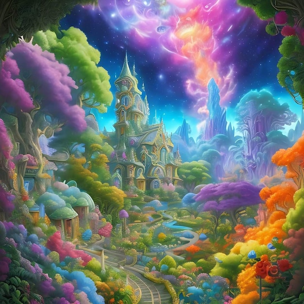 A colorful painting of a castle with a rainbow on the bottom.