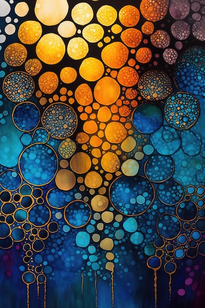 A colorful painting of circles with the words " blue " on the bottom.