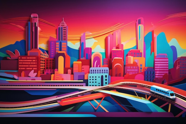 A colorful painting of a city with a bridge in the background.