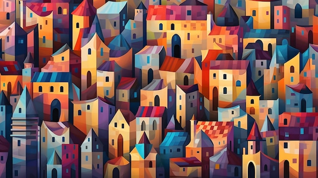 家がたくさんある街と、色とりどりの家でいっぱいの空を描いたカラフルな絵。