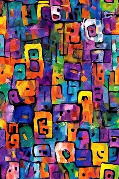 A colorful painting of a city with a lot of squares.