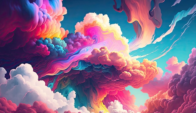 A colorful painting of clouds with a blue sky and a rainbow.