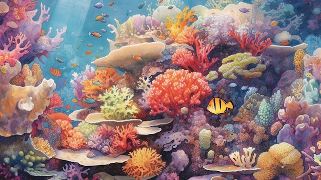 Photo a colorful painting of a coral reef with a fish swimming in the water.