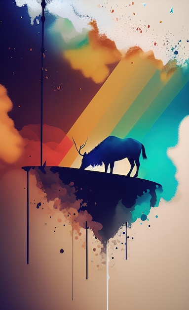 A colorful painting of a cow and a rainbow.