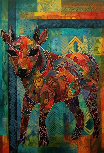 A colorful painting of a cow with a black nose and a black nose.