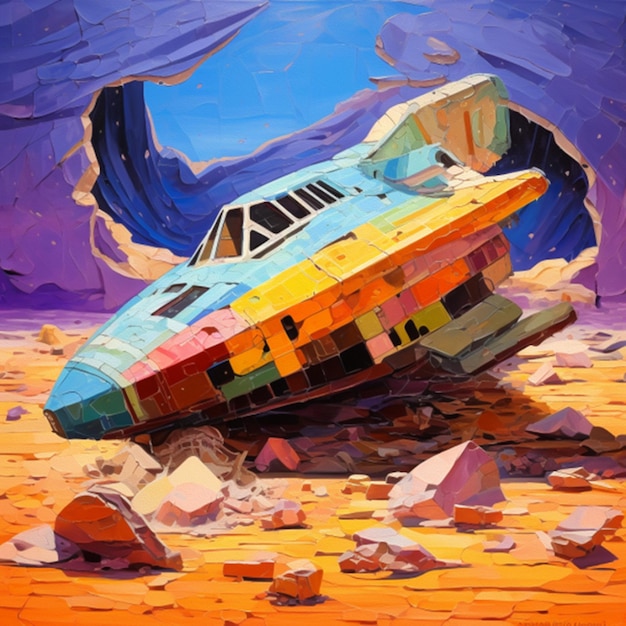 Colorful painting of a crumbling spaceship in the style of david hockney