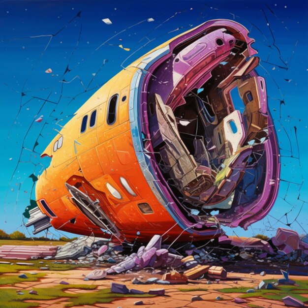 Colorful painting of a crumbling spaceship in the style of david hockney